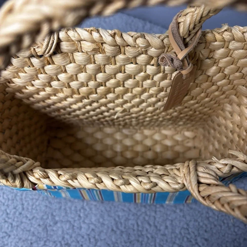 Lauren Ralph Lauren Tote Bag Blue Striped Fabric Straw Handle Vacation Beach